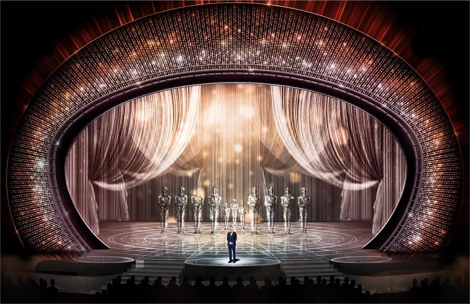 Oscars stage — proscenium and layered metallic scenery