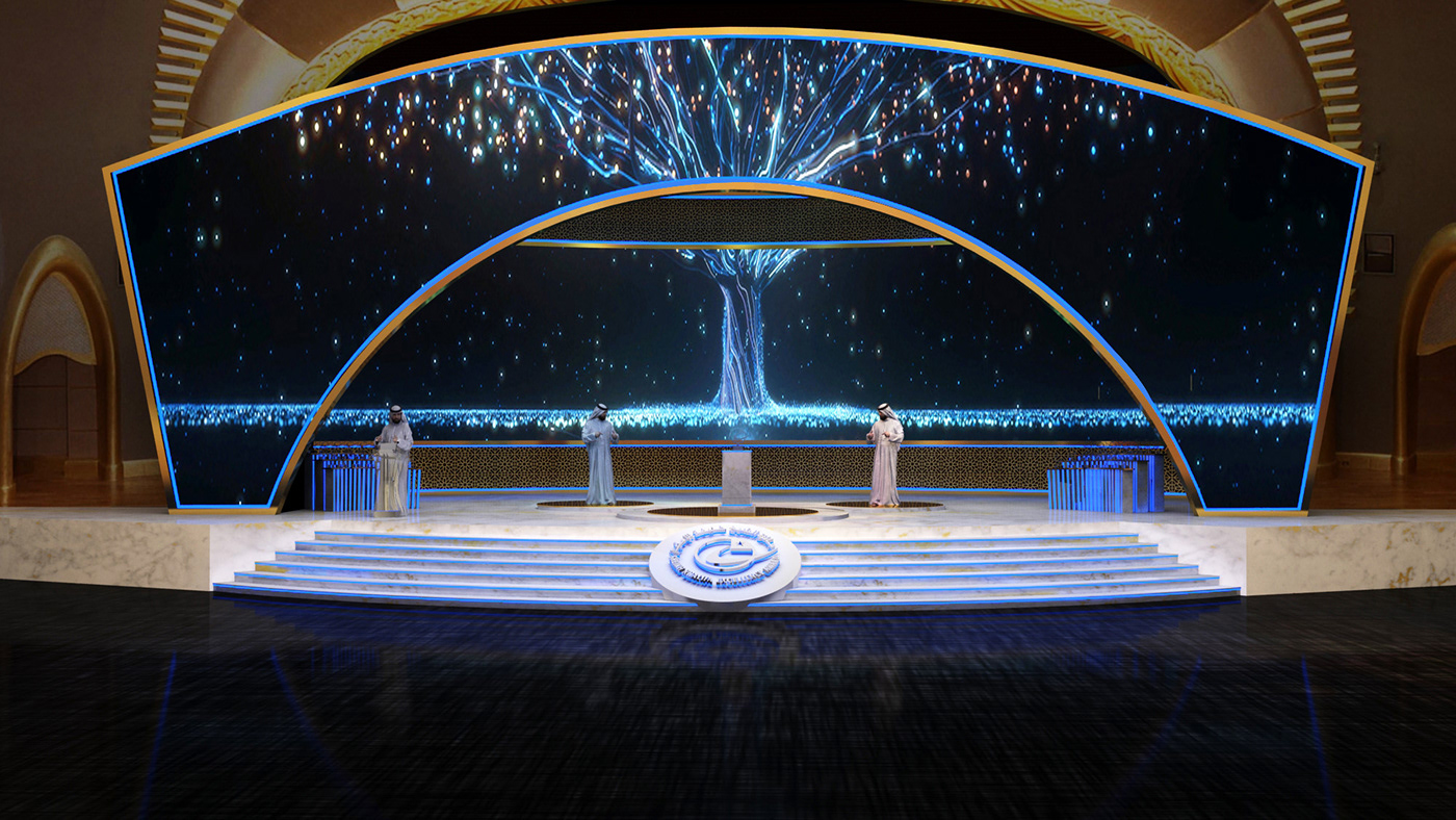 Awards stage concept — blue LED arch and gold trim