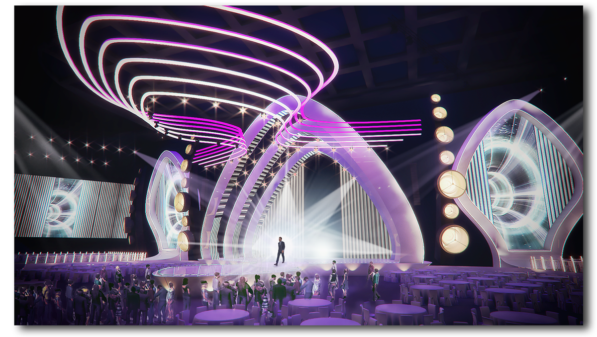Hyperfuturistic show — purple arches and chandelier lines